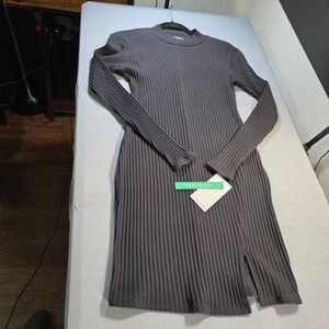 Stitch & Pine Women Black Ribbed Mock Neck Long Sleeve Midi Dress Slit SZ. M NEW